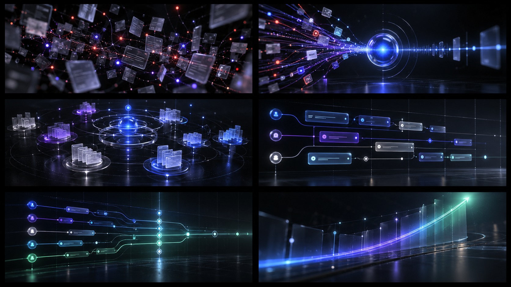 Six-panel KIVO motion storyboard showing fragmented information transforming through capture, organization, planning, and alignment into coordinated momentum